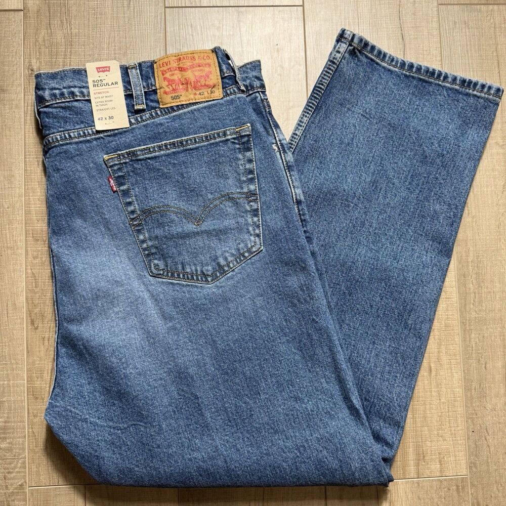 NEW Levi's 505 Men’s 42x30 Blue Regular Fit Straight Leg Stretch Denim Jeans
